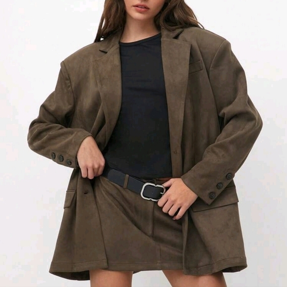 Women's New Solid Color Deer Suede Casual Blazer Jacket & Mini Skirt 2pcs Set - Picture 1 of 6